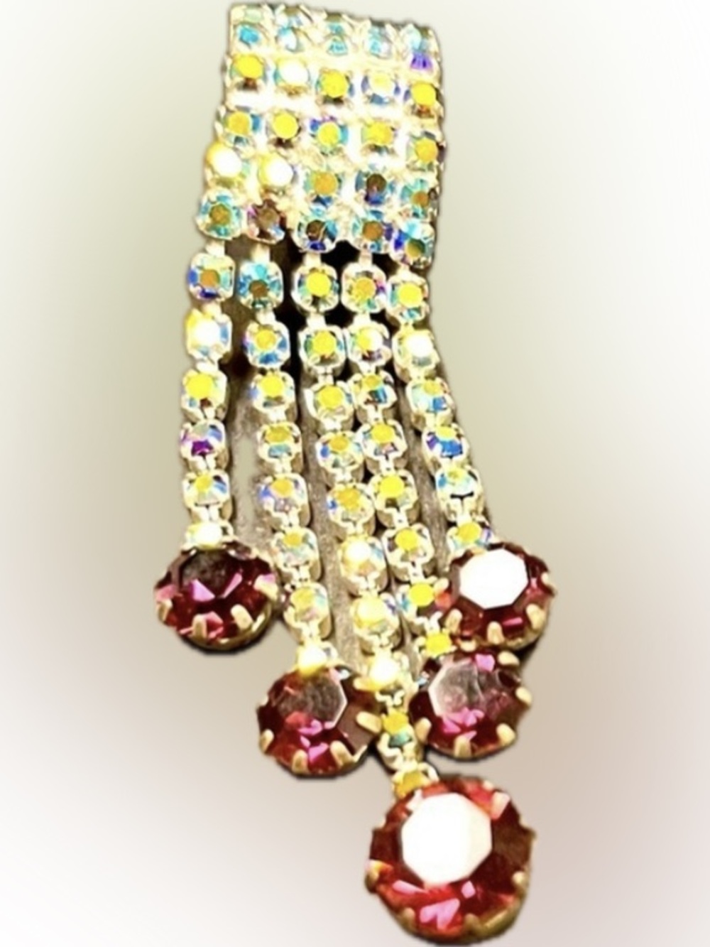 Vintage Silver Ruby Red AB Crystal Waterfall Fringe Dangle Pierced Earrings Chic